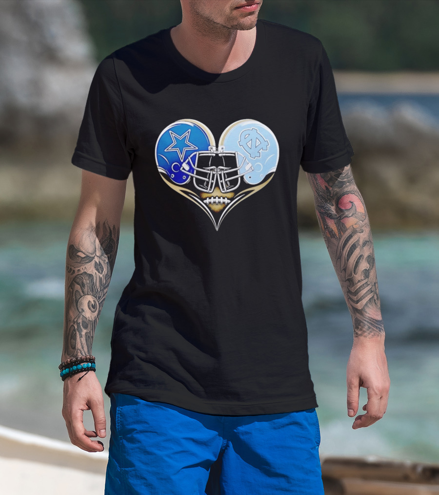Dallas Cowboys North Carolina Tar Heels Heart Helmet Football T-Shirt