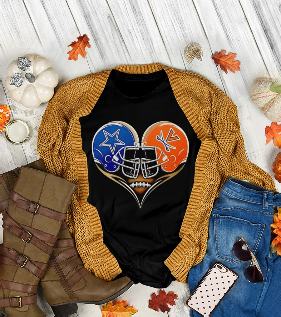 Dallas Cowboys Virginia Cavaliers Heart Helmet Football Fusion T-Shirt
