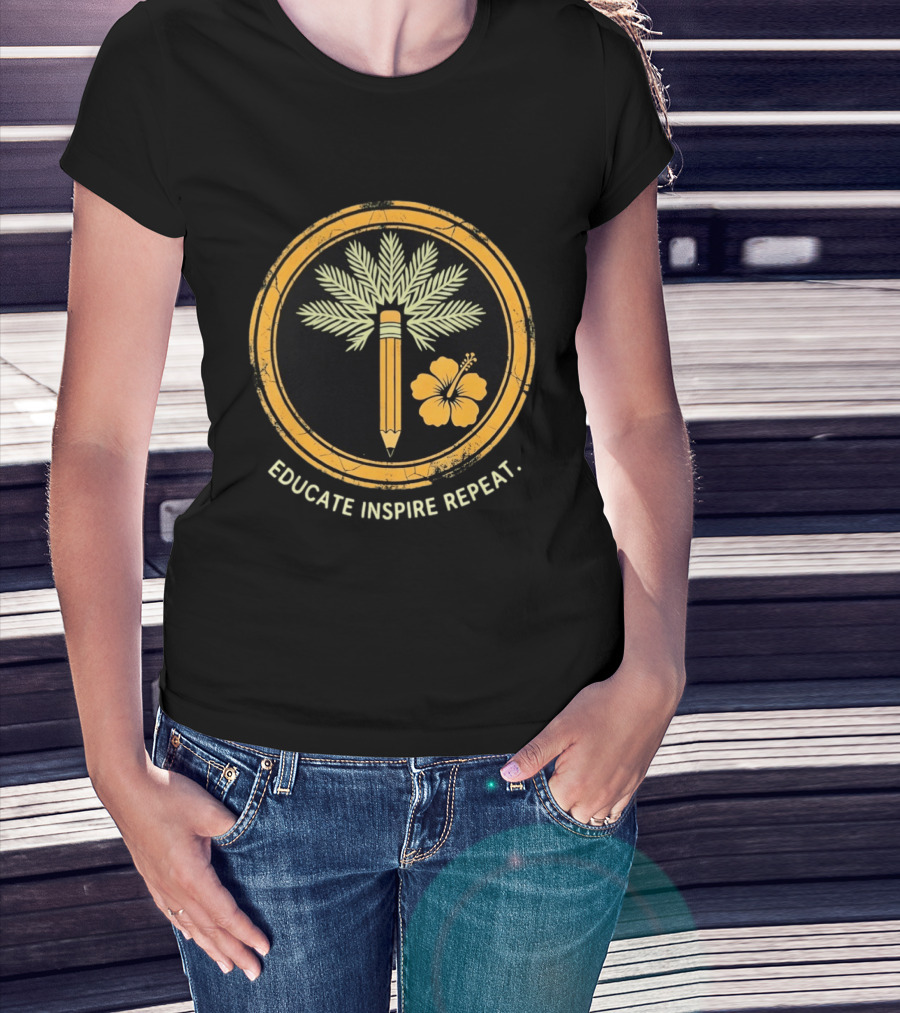 Distressed Educate Inspire Repeat Palm Tree Pencil Hibiscus T-Shirt