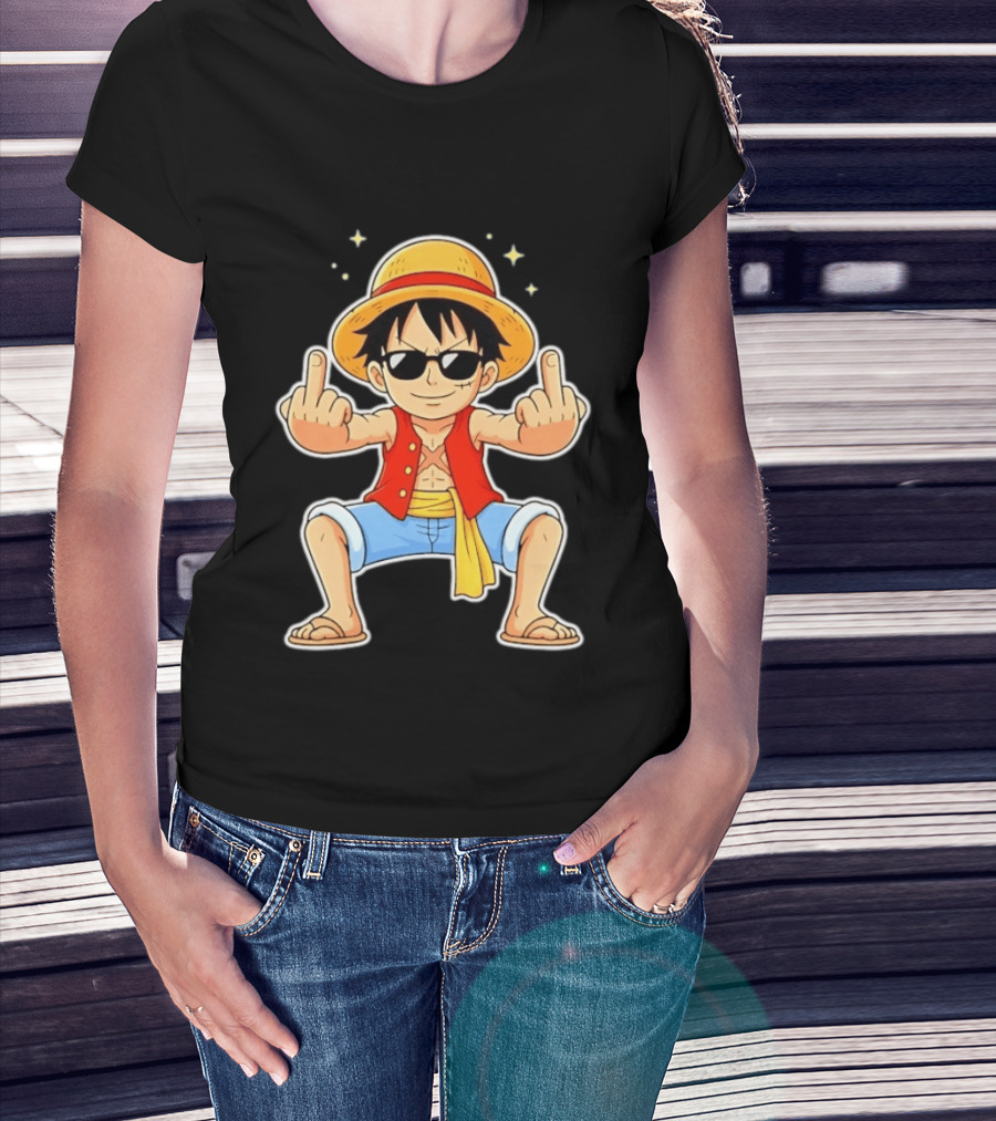 Monkey D Luffy Sunglasses Middle Finger Gesture Anime T-Shirt