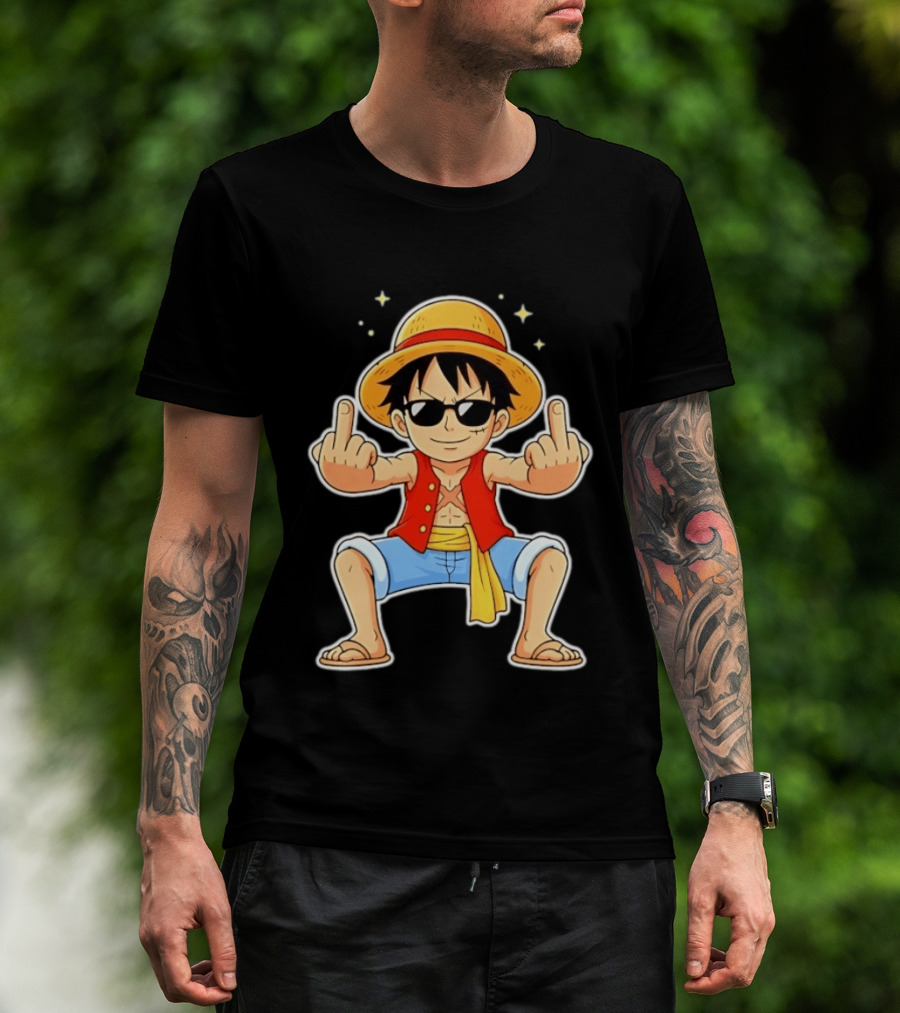 Monkey D Luffy Sunglasses Middle Finger Gesture Anime T-Shirt
