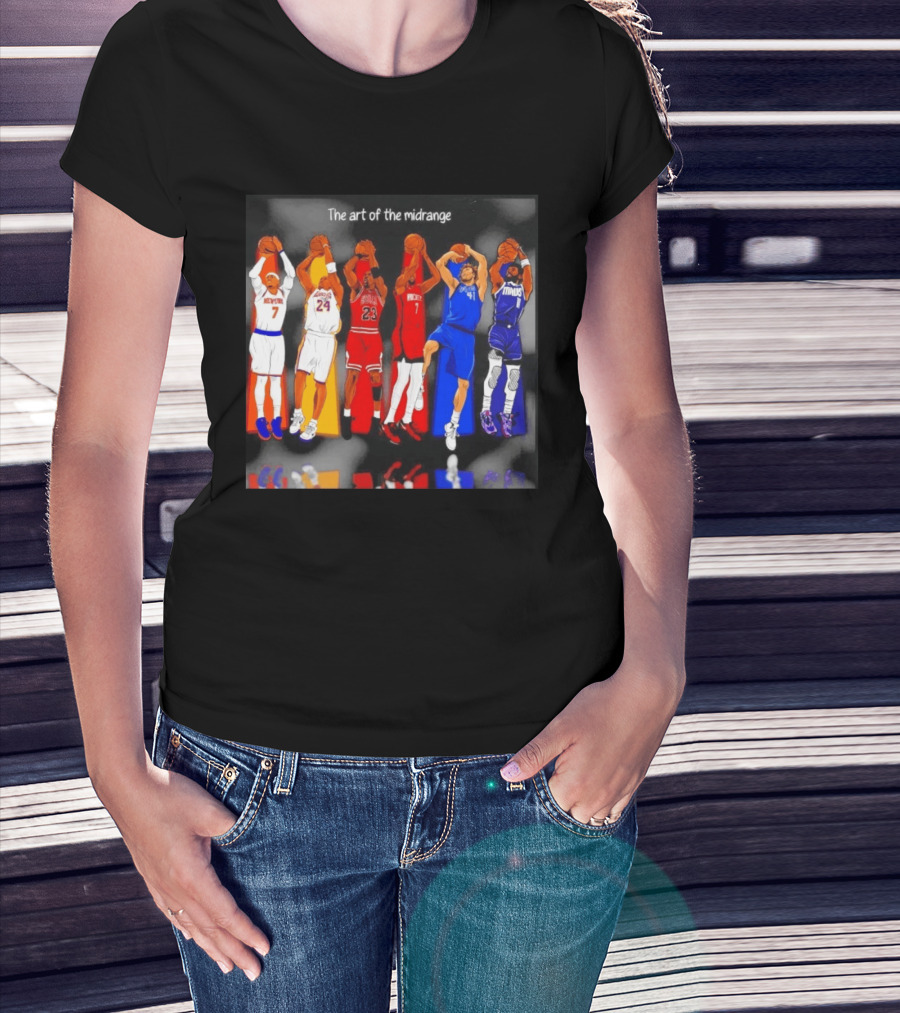 The Art Of The Midrange Basketball Legends Collage Knicks Lakers Bulls Rockets Mavericks T-Shirt