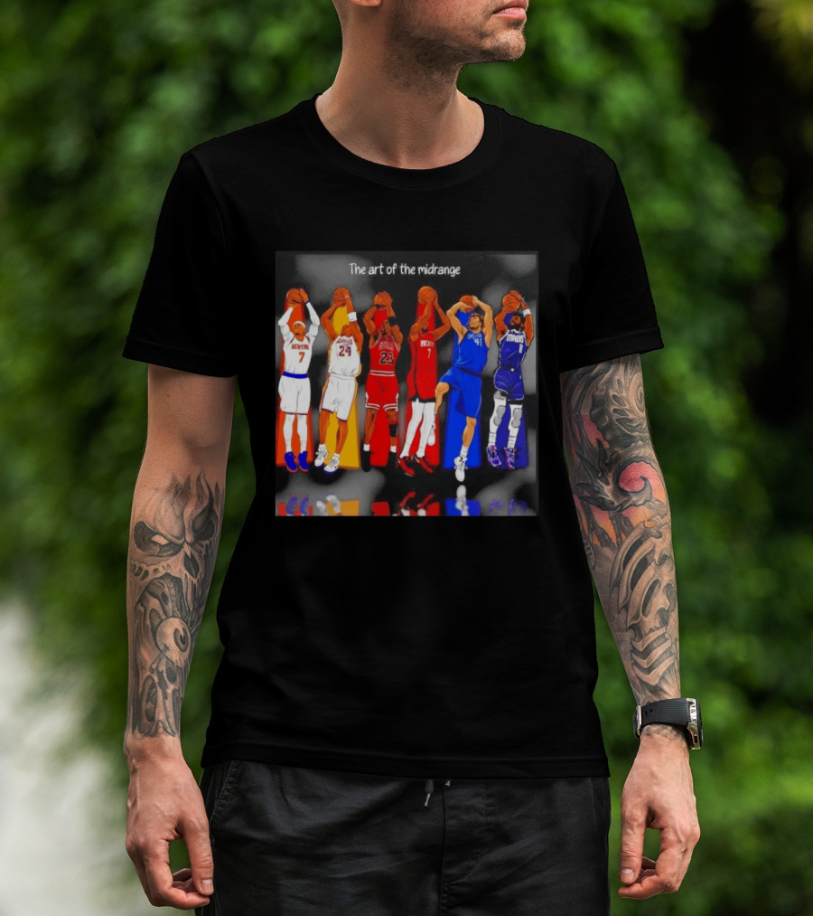 The Art Of The Midrange Basketball Legends Collage Knicks Lakers Bulls Rockets Mavericks T-Shirt