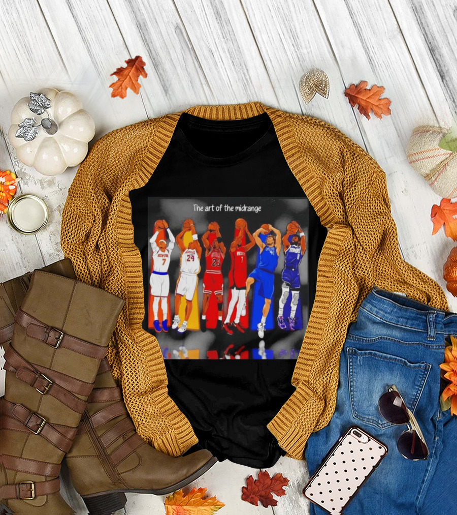 The Art Of The Midrange Basketball Legends Collage Knicks Lakers Bulls Rockets Mavericks T-Shirt