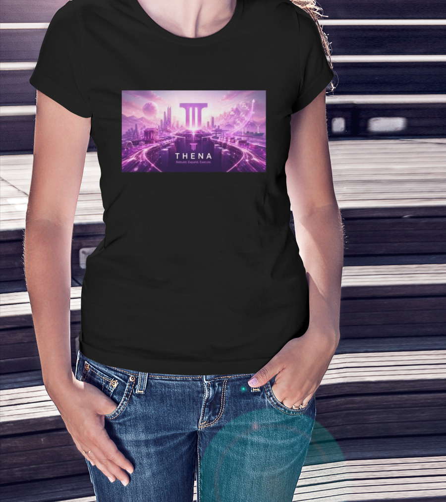 Thena Rebuild Expand Execute Futuristic Cityscape With Purple Skyline And Skyscrapers T-Shirt