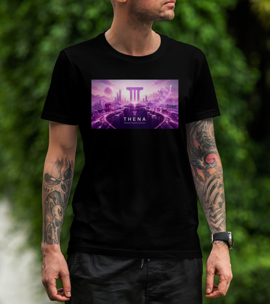 Thena Rebuild Expand Execute Futuristic Cityscape With Purple Skyline And Skyscrapers T-Shirt