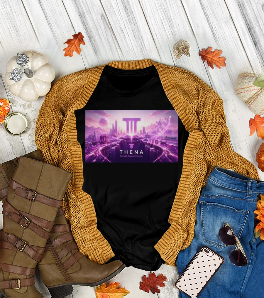 Thena Rebuild Expand Execute Futuristic Cityscape With Purple Skyline And Skyscrapers T-Shirt