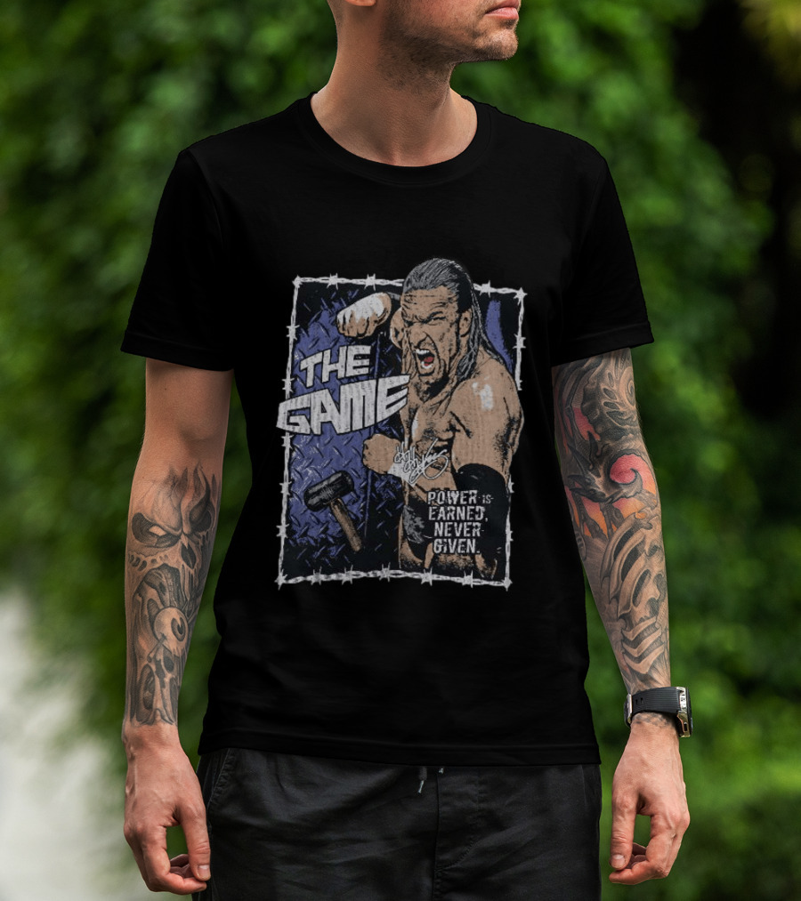 Triple H The Game WWE Power Is Earned Never Given Barbed Wire Signature Sledgehammer T-Shirt