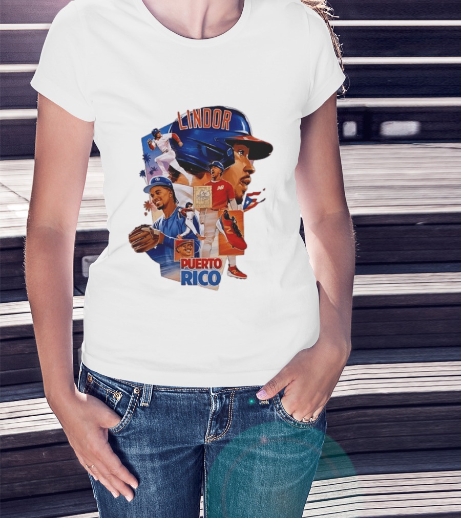 Francisco Lindor Puerto Rico New York Mets Baseball Legend Blue And Orange Helmet Dynamic Action Moves T-Shirt