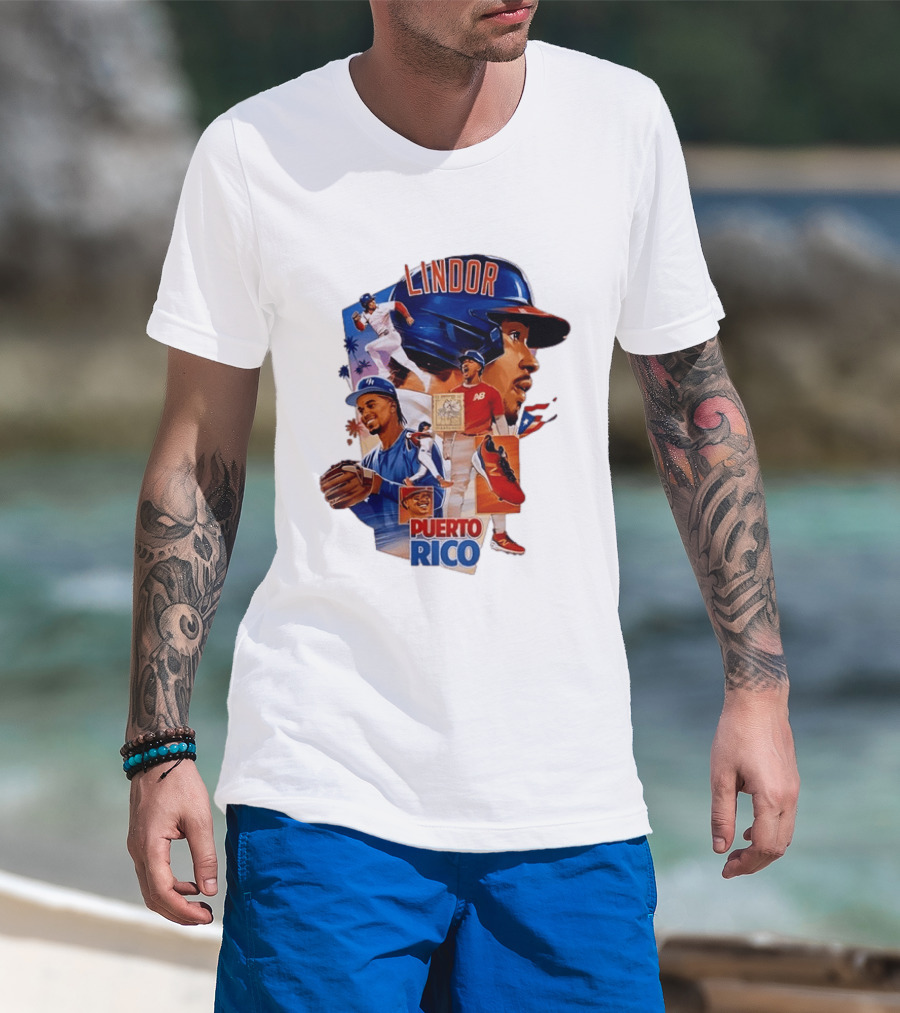 Francisco Lindor Puerto Rico New York Mets Baseball Legend Blue And Orange Helmet Dynamic Action Moves T-Shirt