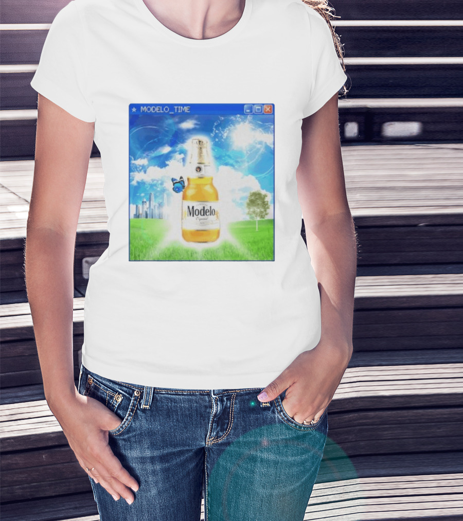 Modelo Time Frutiger Aero Aesthetic Butterfly Bottle Clouds Cityscape T-Shirt