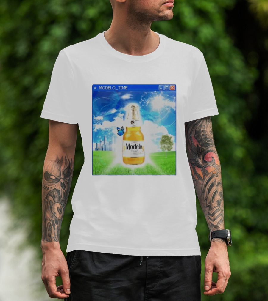 Modelo Time Frutiger Aero Aesthetic Butterfly Bottle Clouds Cityscape T-Shirt