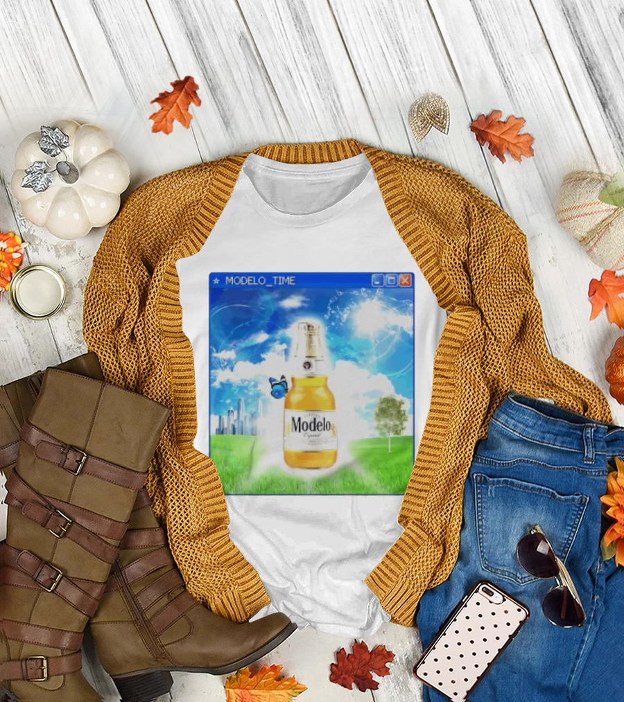Modelo Time Frutiger Aero Aesthetic Butterfly Bottle Clouds Cityscape T-Shirt