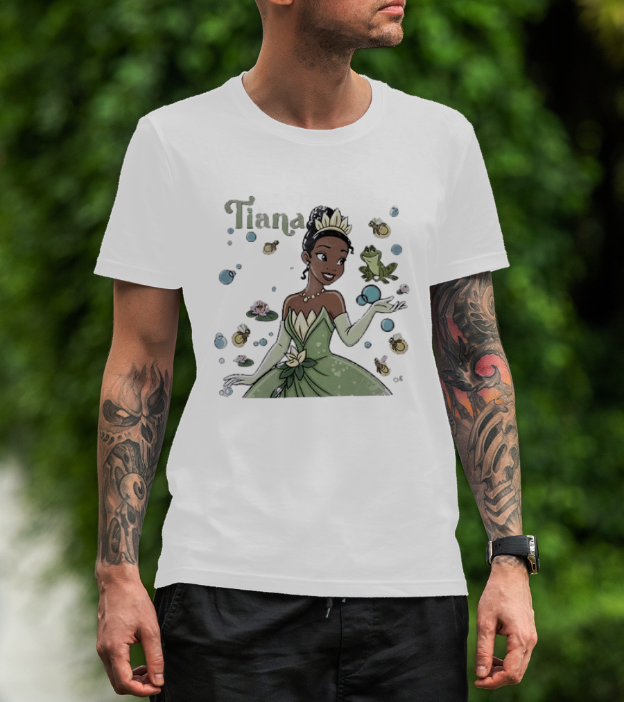 Tiana Disney Princess With Frog Fireflies And Water Lilies T-Shirt