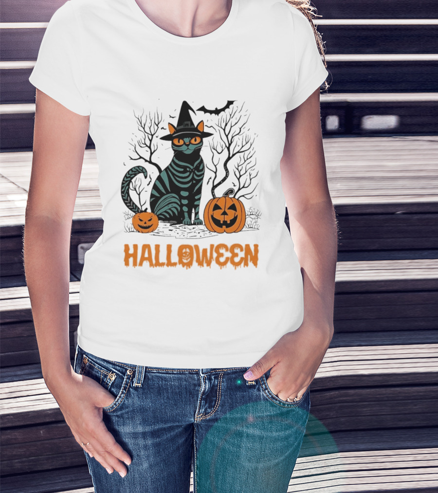 Halloween Skeleton Cat Witch Hat Pumpkins Spooky Forest Scene T-Shirt
