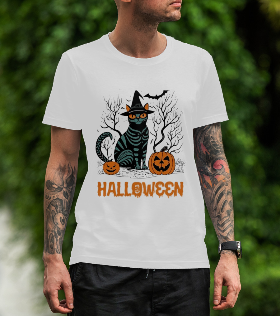 Halloween Skeleton Cat Witch Hat Pumpkins Spooky Forest Scene T-Shirt