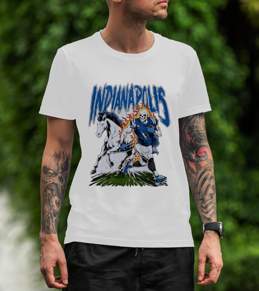 Indianapolis Football Skull And Horse Sports Flame Player Running T-Shirt
