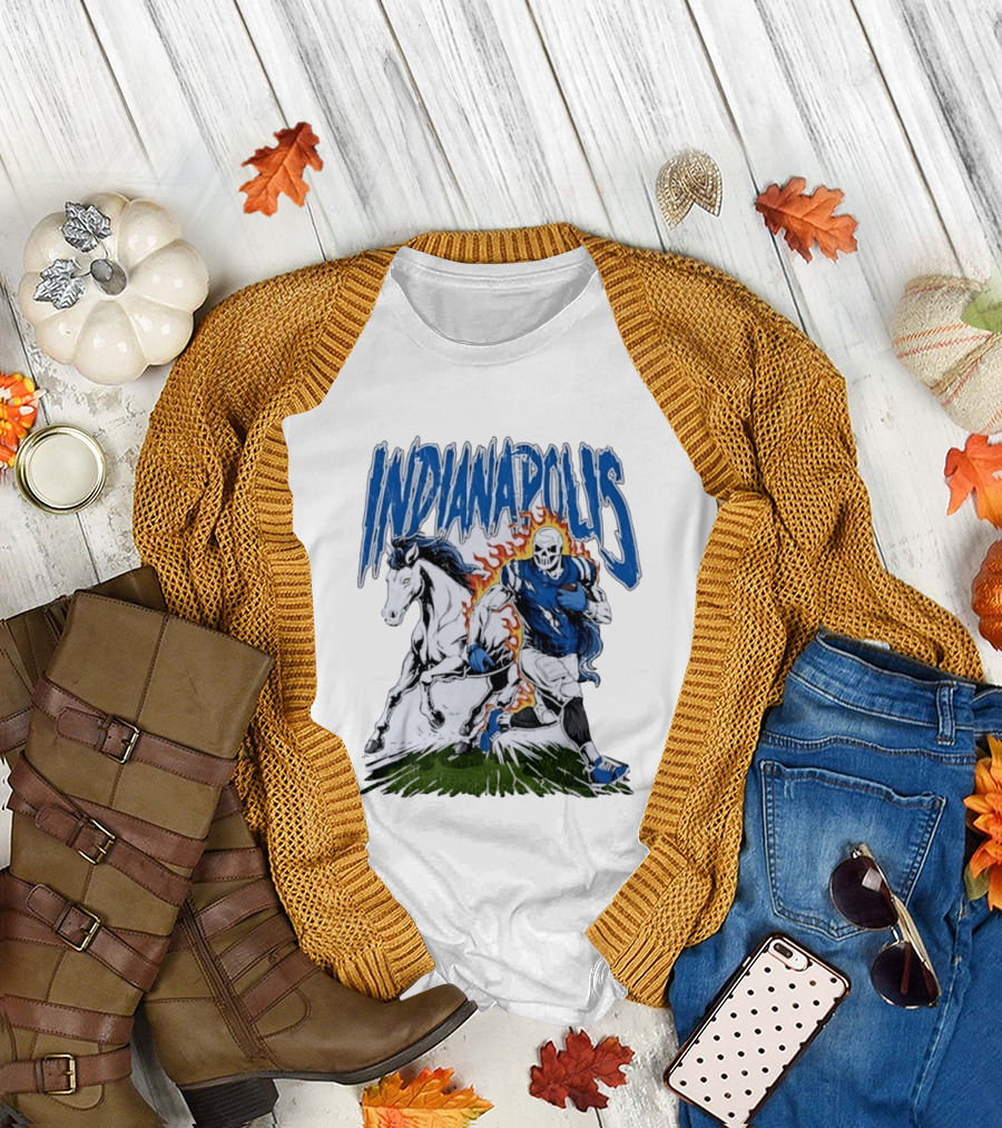 Indianapolis Football Skull And Horse Sports Flame Player Running T-Shirt