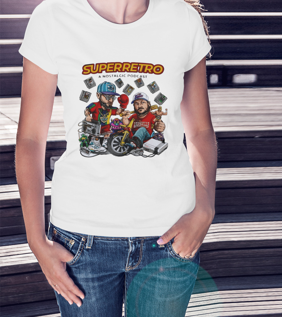 SuperRetro A Nostalgic Podcast Charlotte Hornets Louisville Cardinals Boombox Ugk Figurines Retro Games T-Shirt