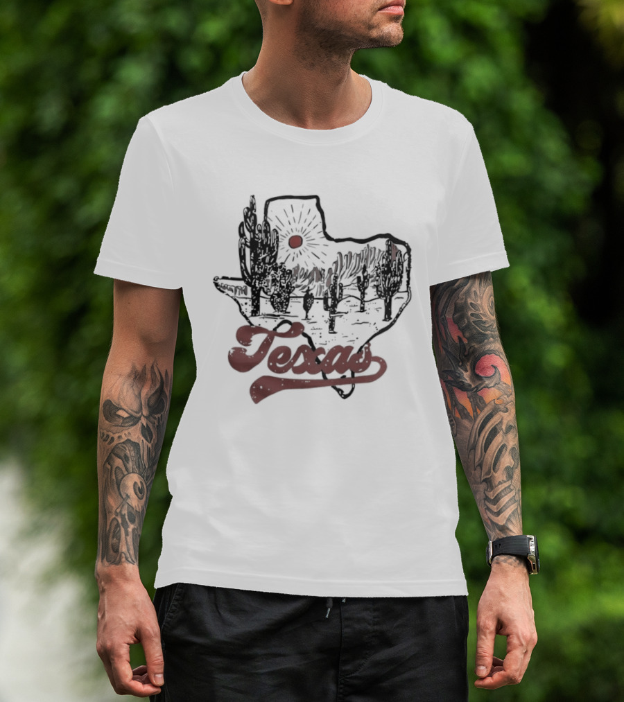 Texas Cacti Sun Rays Desert Scene Map T-Shirt