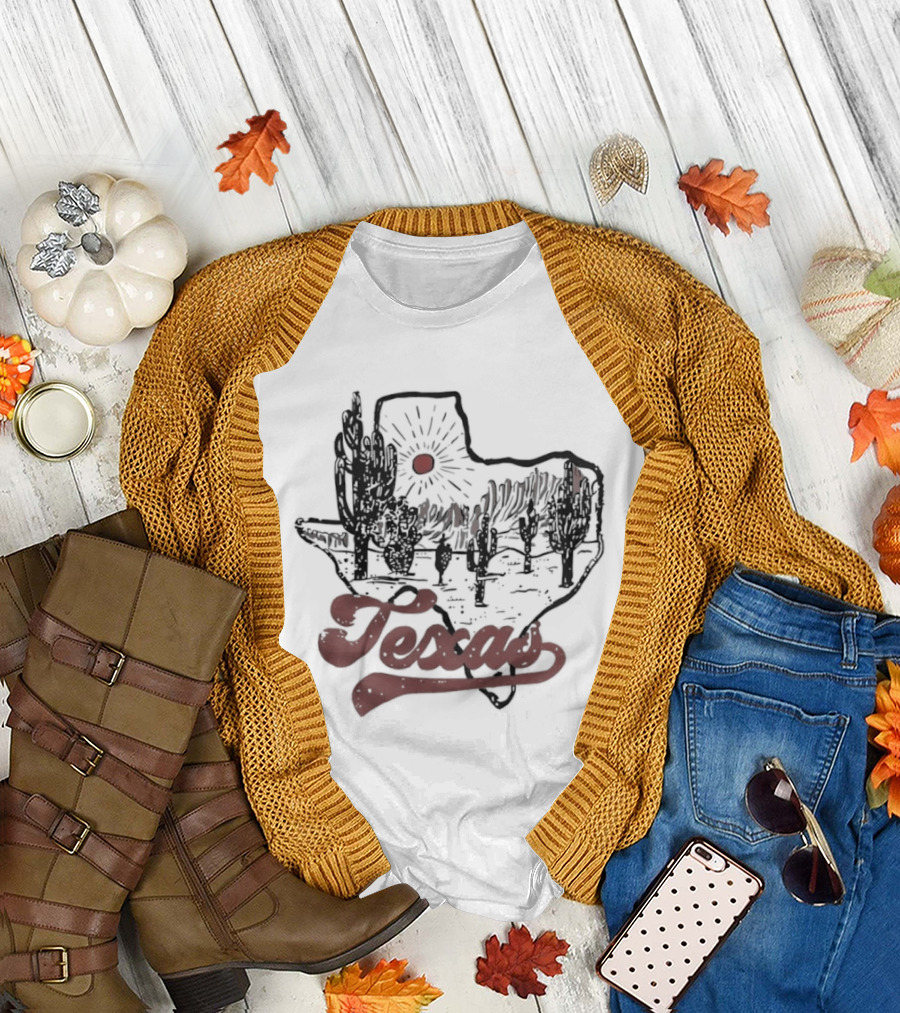Texas Cacti Sun Rays Desert Scene Map T-Shirt