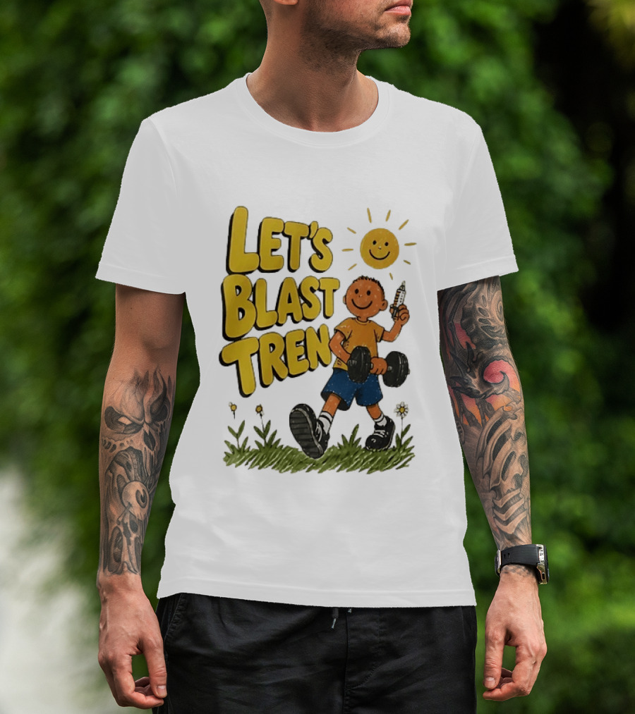 Let's Blast Tren Bodybuilding Fitness Workout Cartoon Dumbbell Sun T-Shirt