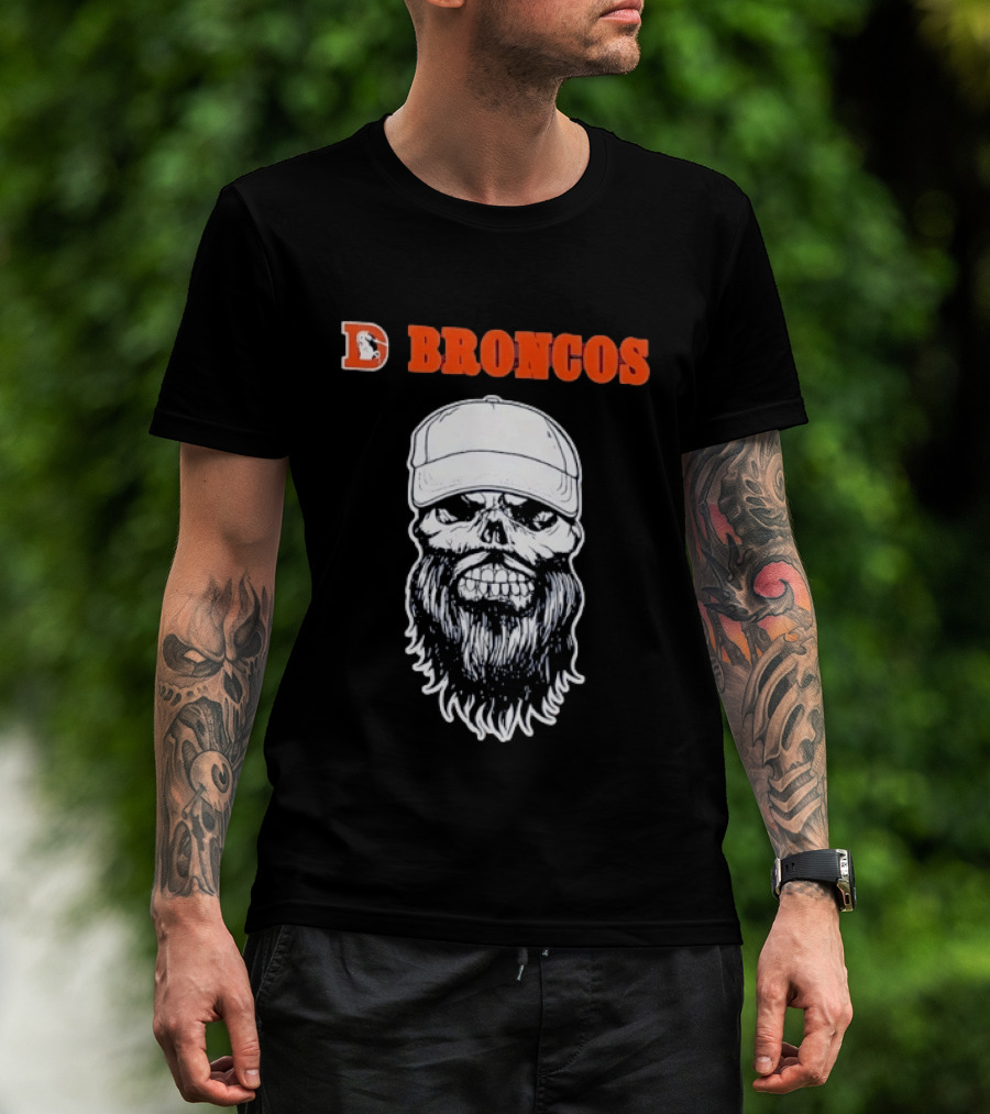 Broncos Bearded Skull With Cap Football Fan T-Shirt