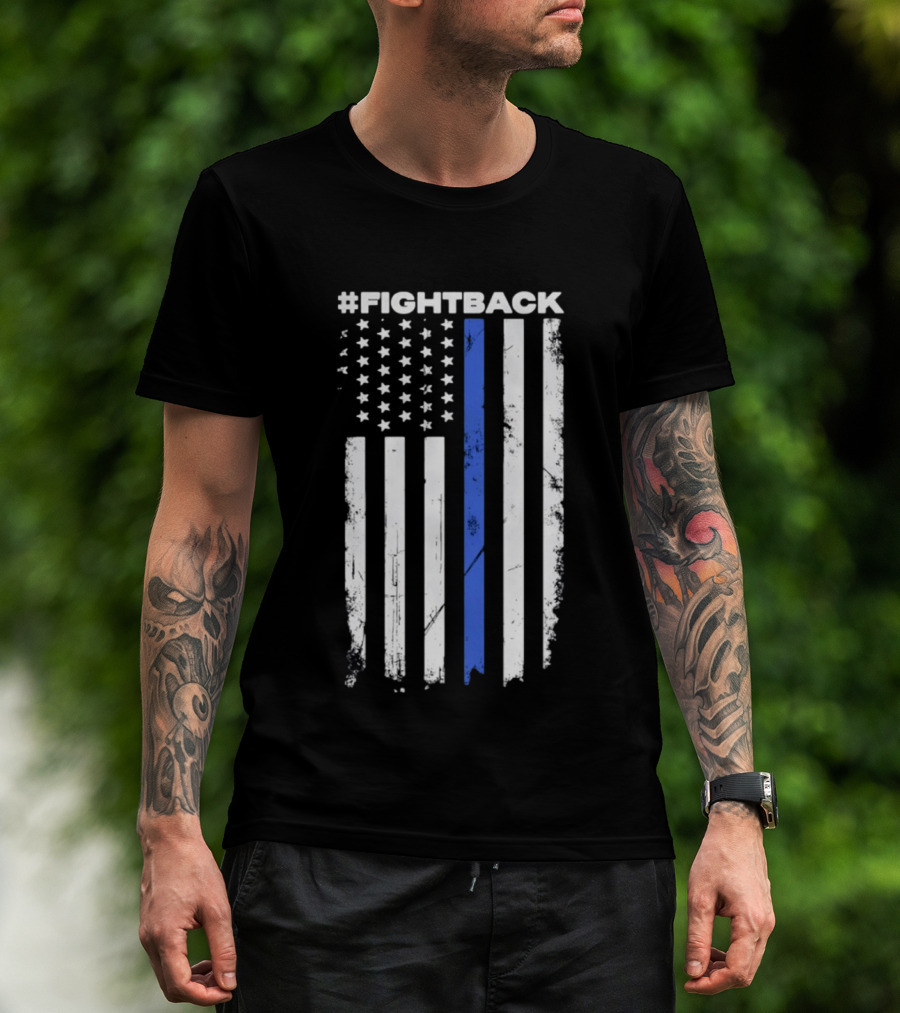 #Fightback Distressed Thin Blue Line American Flag T-Shirt