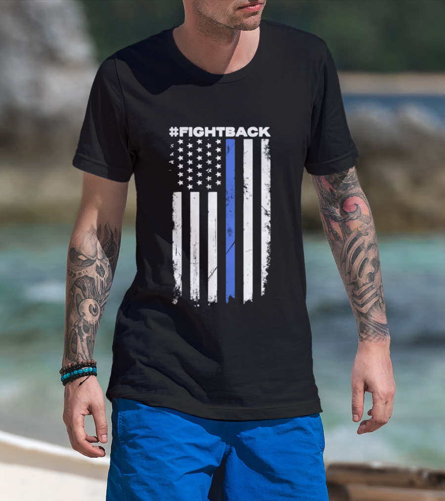 #Fightback Distressed Thin Blue Line American Flag T-Shirt