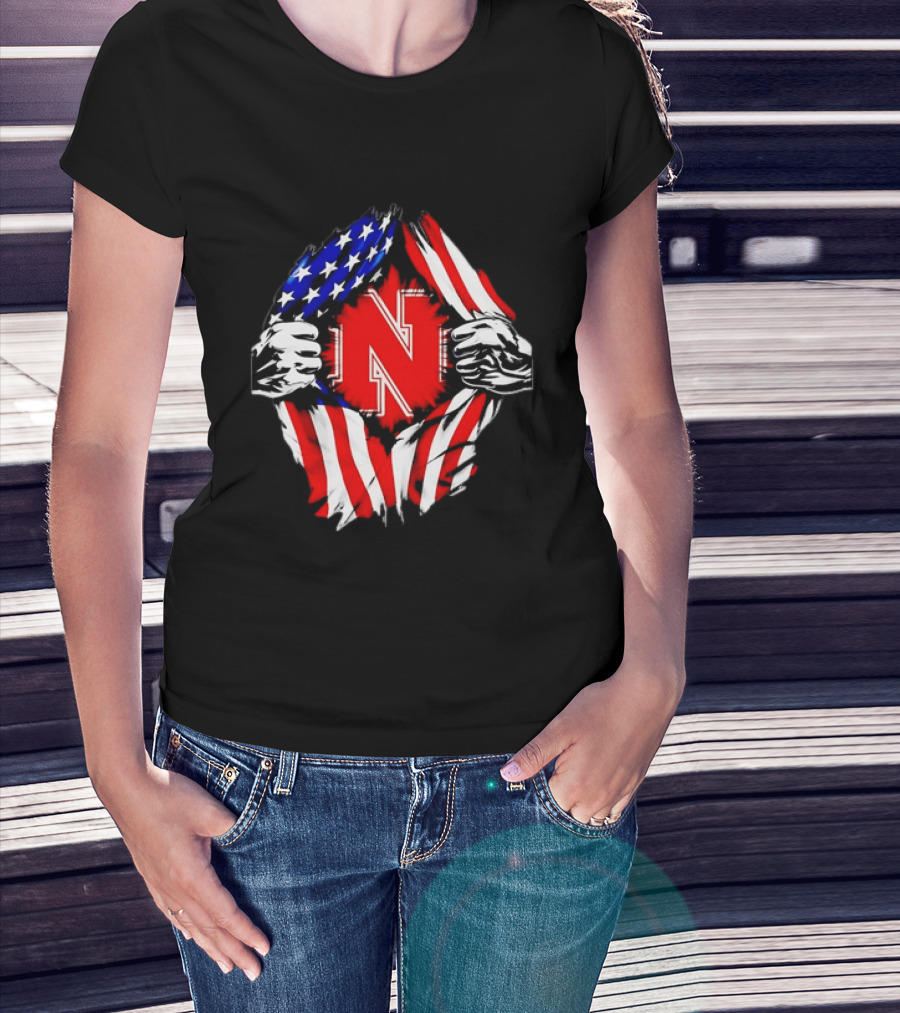 Nebraska Cornhuskers N Logo Ripped American Flag T-Shirt