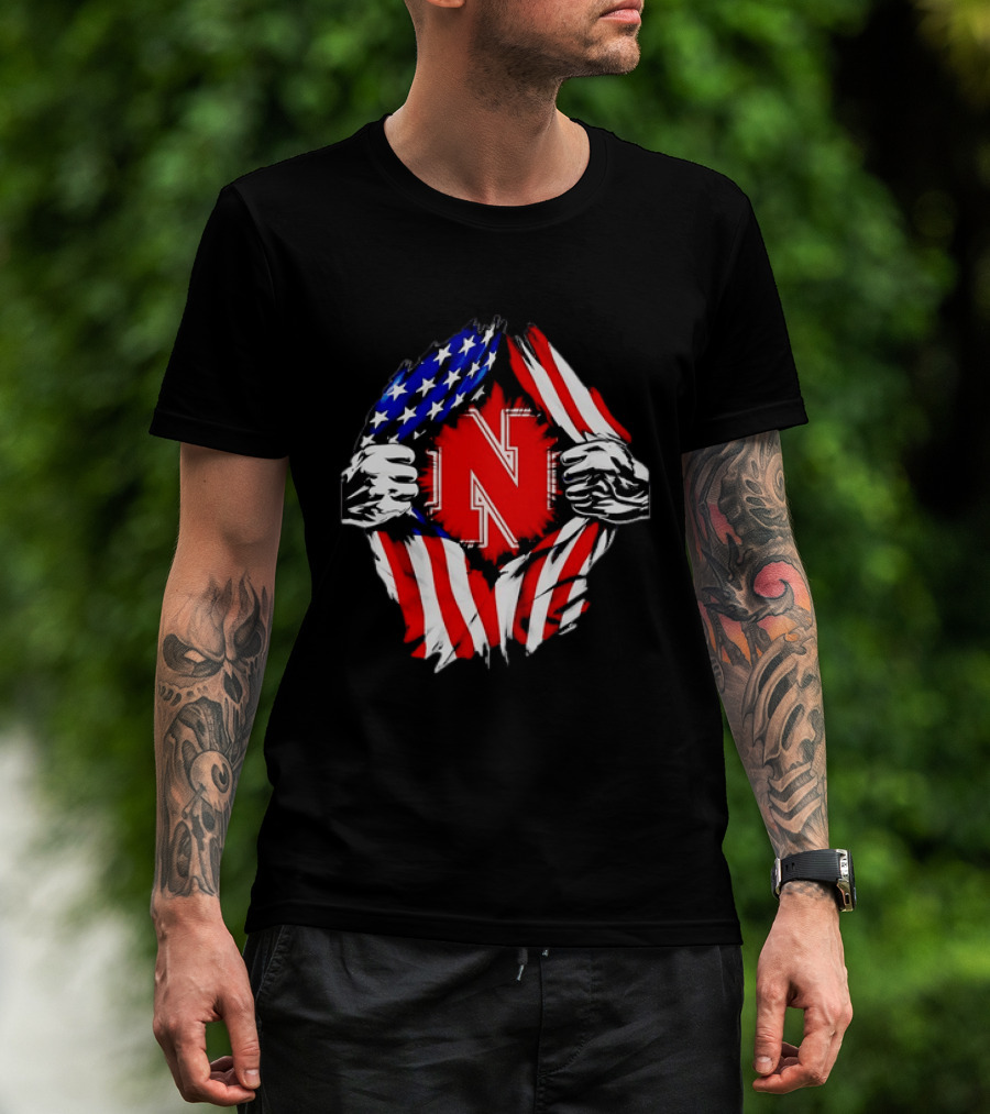 Nebraska Cornhuskers N Logo Ripped American Flag T-Shirt