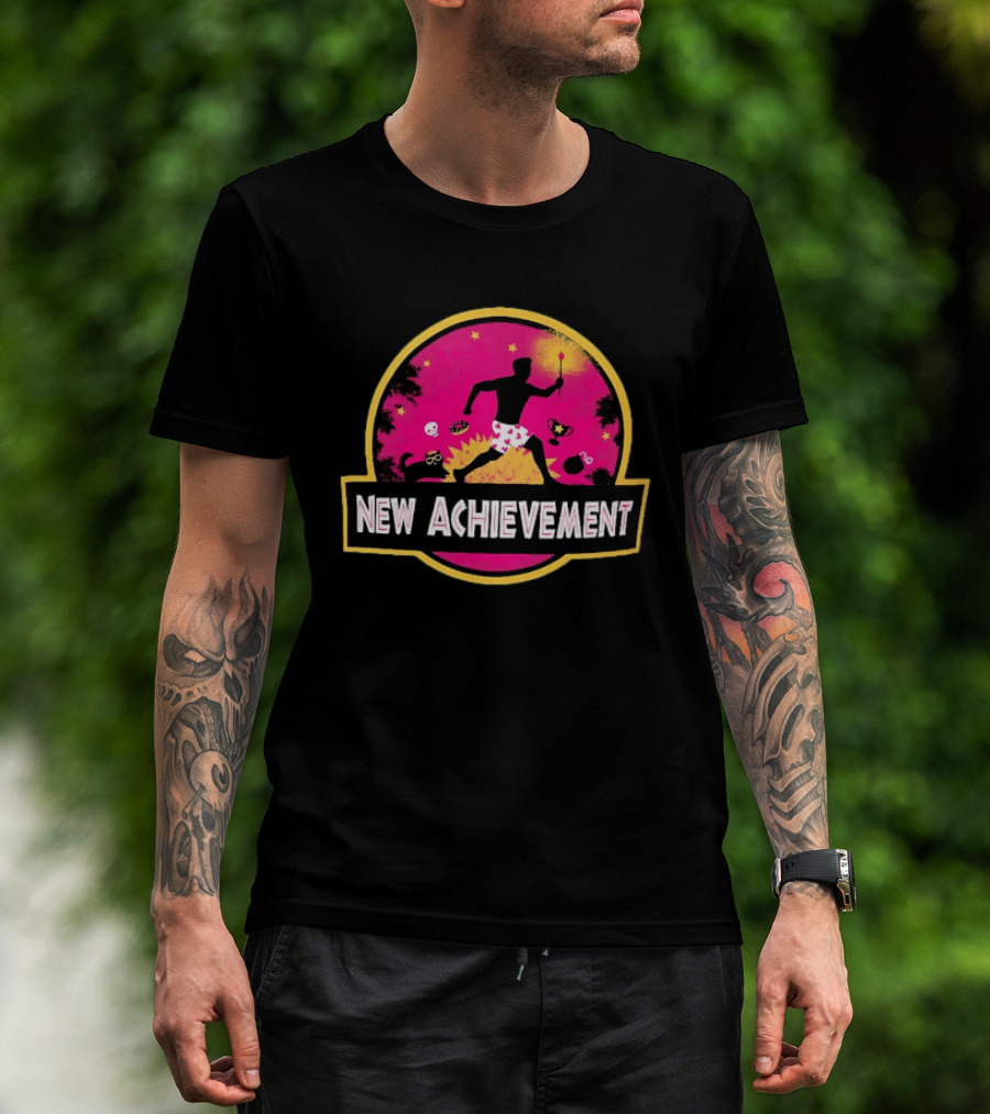New Achievement Gaming Gamer Video Game Silhouette With Cat And Trophy T-Shirt