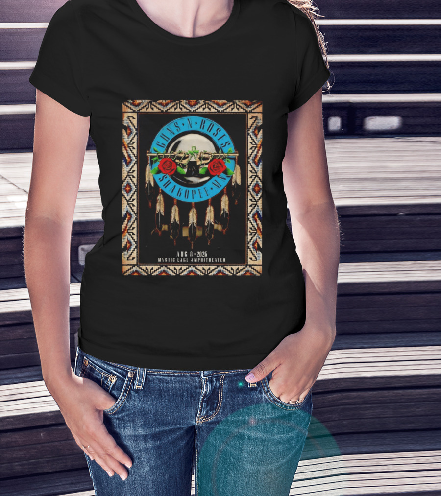 Guns N' Roses Shakopee MN August 8 2026 Mystic Lake Amphitheater Beaded Border Feathers Roses T-Shirt