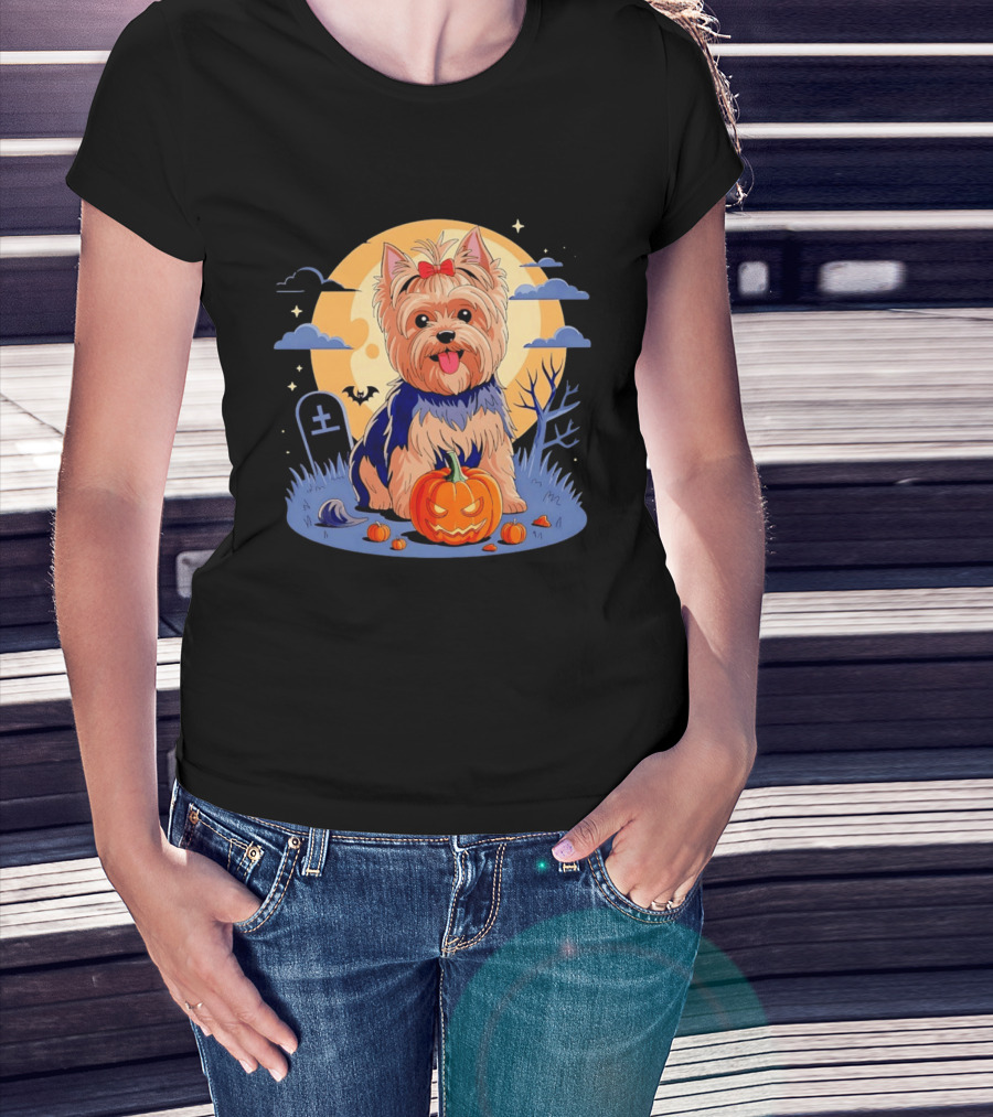 Yorkshire Terrier With Pumpkin On Spooky Halloween Night T-Shirt