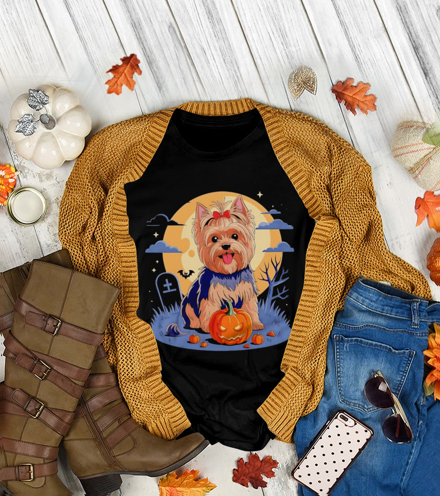 Yorkshire Terrier with Pumpkin on Spooky Halloween Night T-Shirt