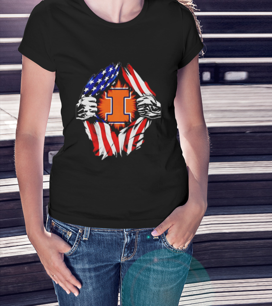 Illinois Fighting Illini I Letter American Flag Patriotic Rip T-Shirt