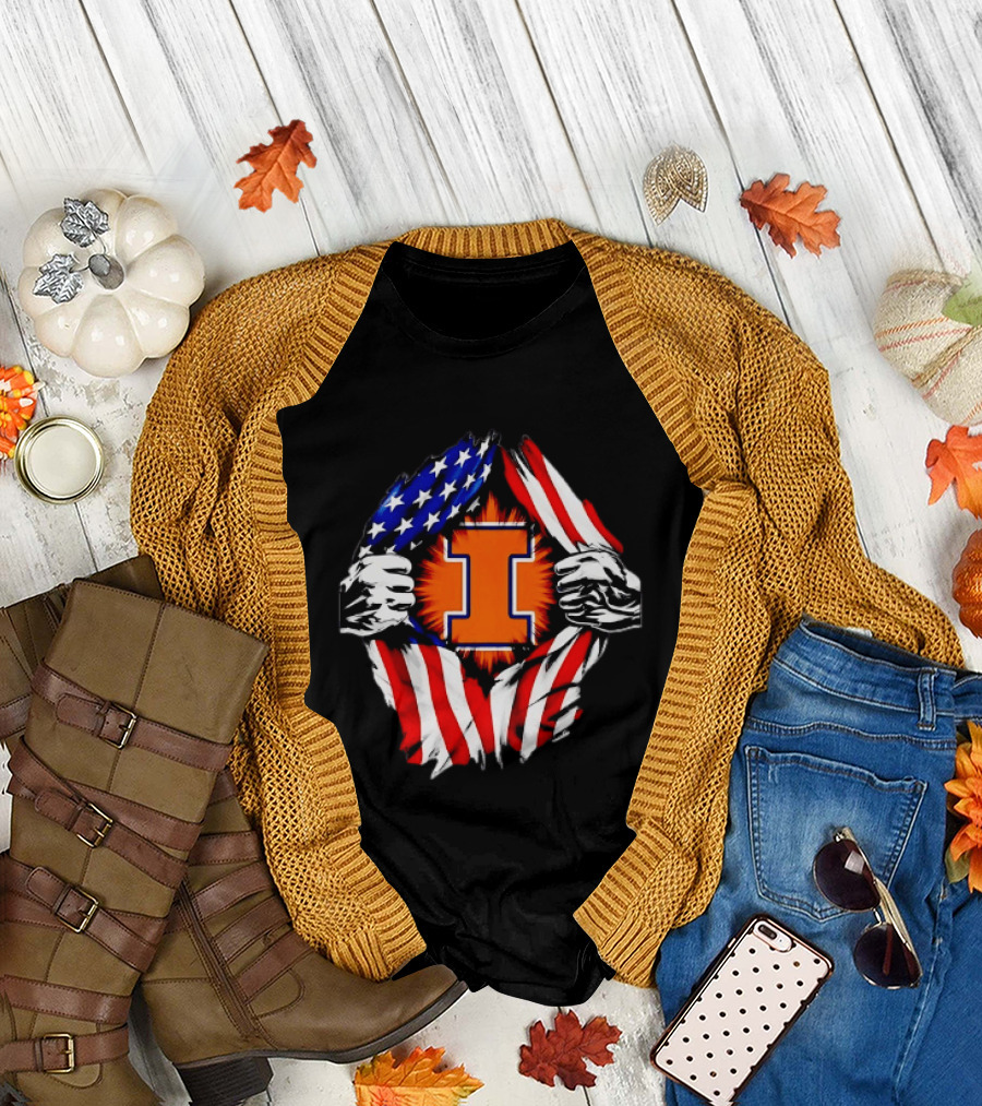 Illinois Fighting Illini I Letter American Flag Patriotic Rip T-Shirt