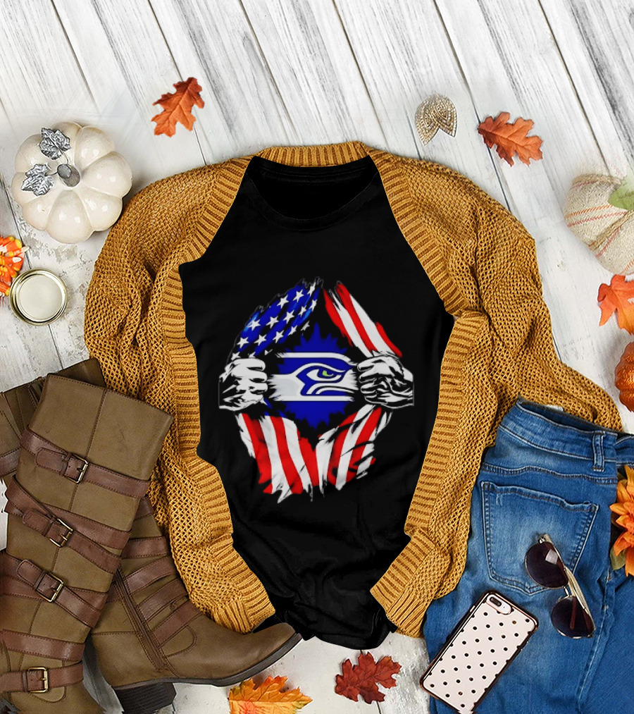 Seattle Seahawks American Flag Ripped Chest USA Fan Gear T-Shirt