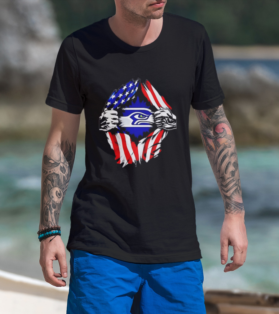 Seattle Seahawks American Flag Ripped Chest USA Fan Gear T-Shirt