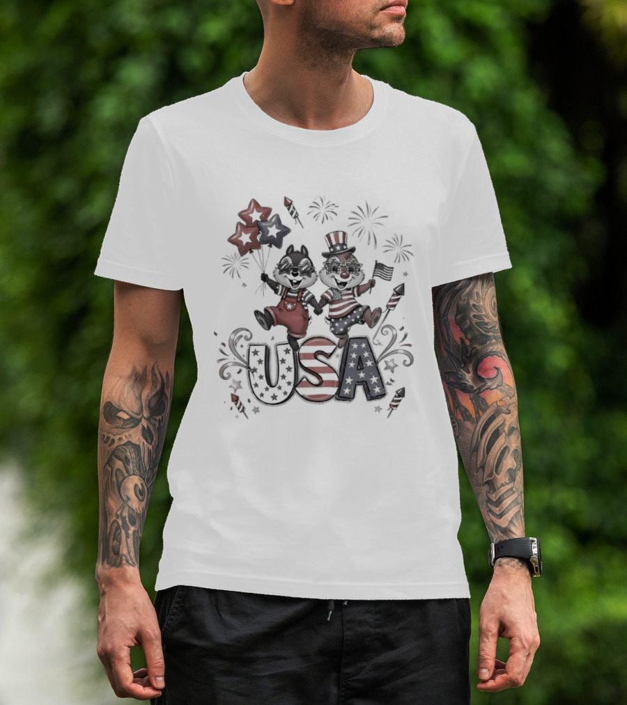 Chip And Dale USA Patriotic Fireworks Stars And Stripes Fourth Of July T-Shirt