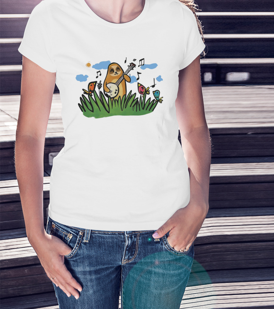 Sloth Happy Playing The Banjo With Singing Birds T-Shirt