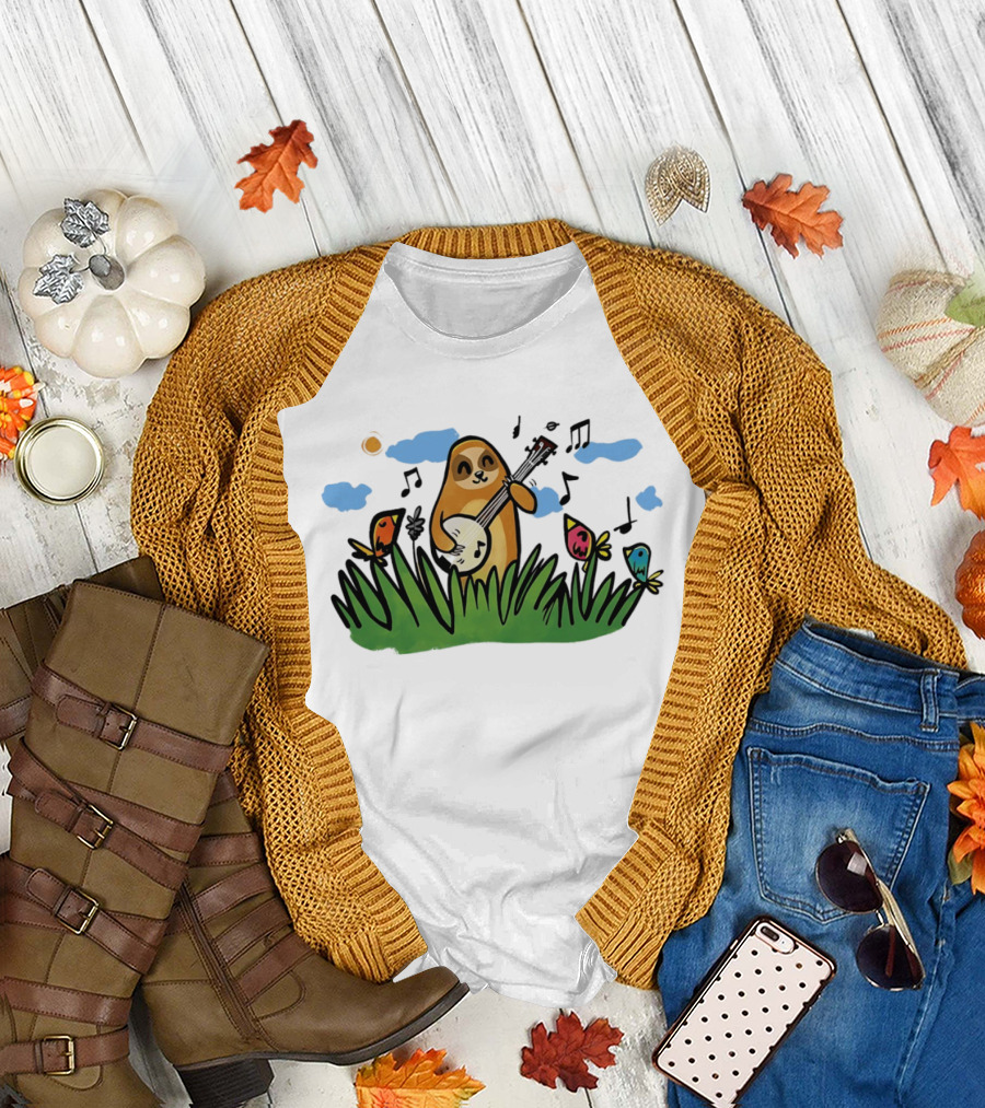 Sloth Happy Playing The Banjo With Singing Birds T-Shirt
