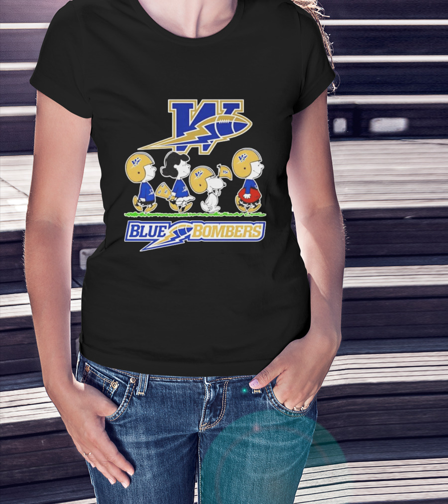 Peanuts Characters Winnipeg Blue Bombers CFL Collaboration Charlie Brown Snoopy Lucy Football Helmets T-Shirt