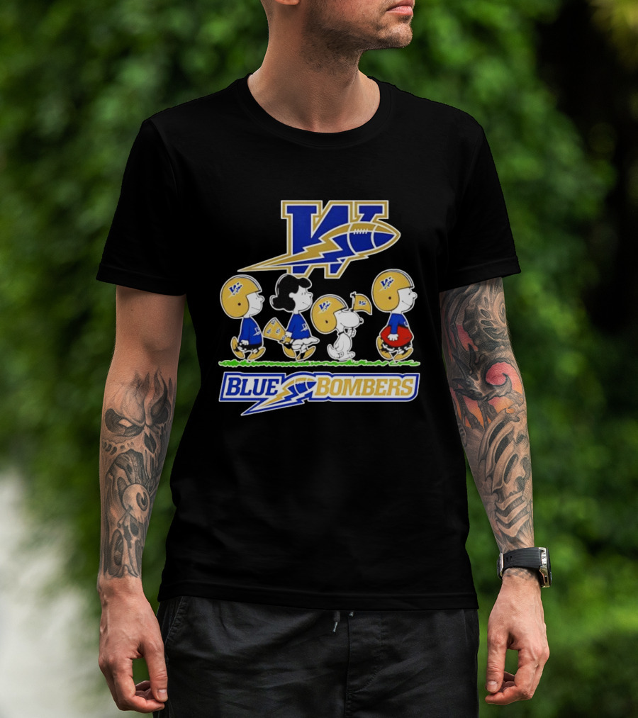 Peanuts Characters Winnipeg Blue Bombers CFL Collaboration Charlie Brown Snoopy Lucy Football Helmets T-Shirt
