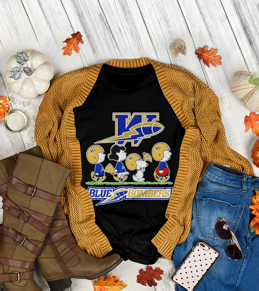 Peanuts Characters Winnipeg Blue Bombers CFL Collaboration Charlie Brown Snoopy Lucy Football Helmets T-Shirt