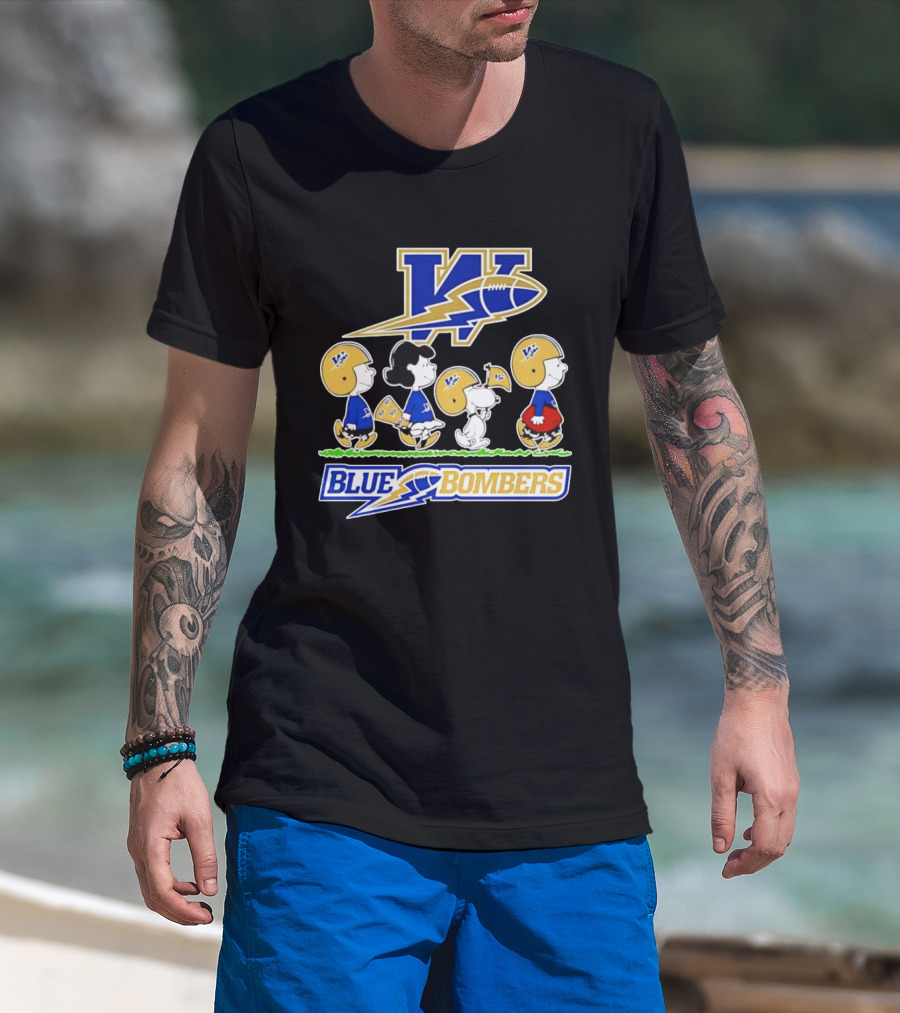 Peanuts Characters Winnipeg Blue Bombers CFL Collaboration Charlie Brown Snoopy Lucy Football Helmets T-Shirt