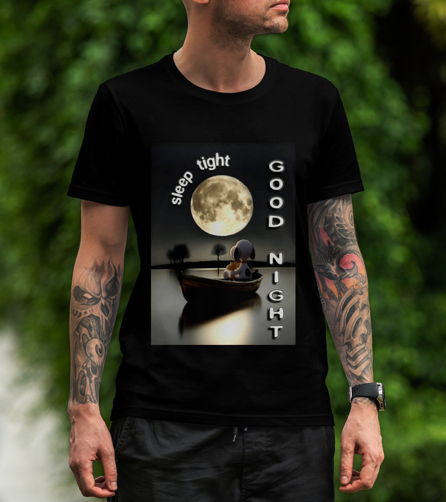 Sleep Tight Good Night Snoopy And Woodstock Moonlight Boat Scene T-Shirt