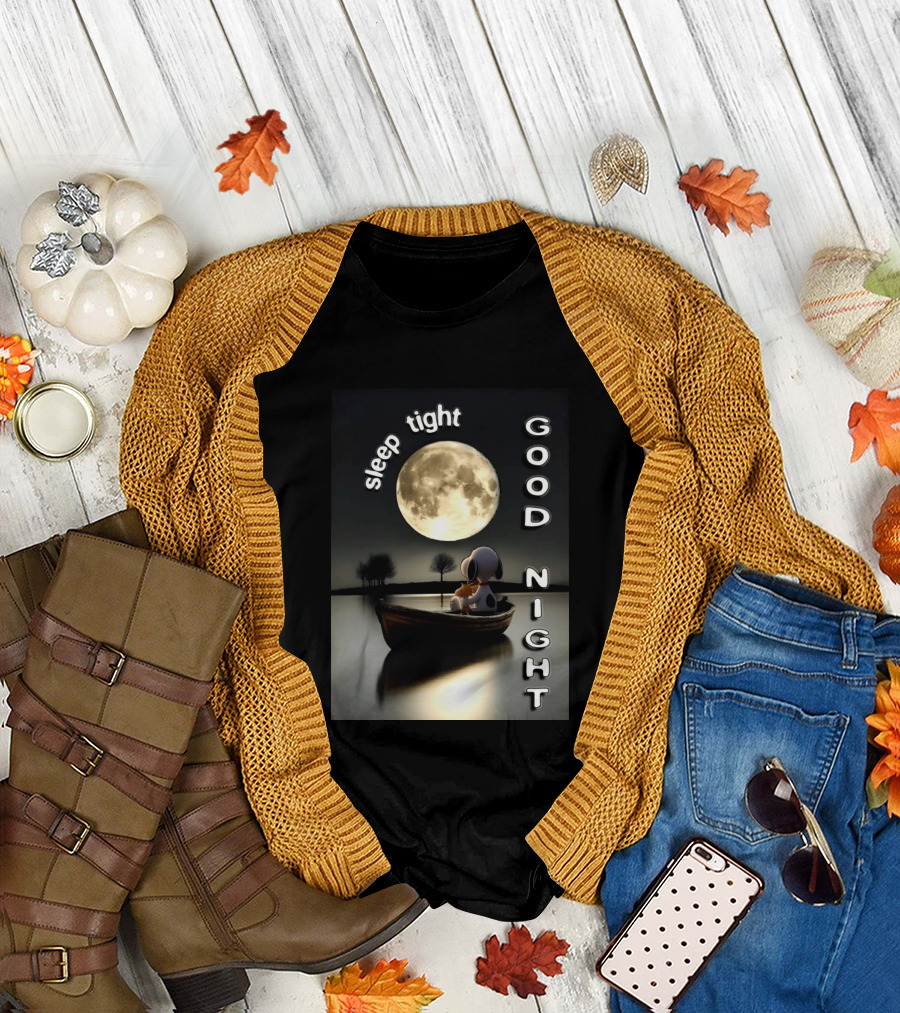Sleep Tight Good Night Snoopy And Woodstock Moonlight Boat Scene T-Shirt