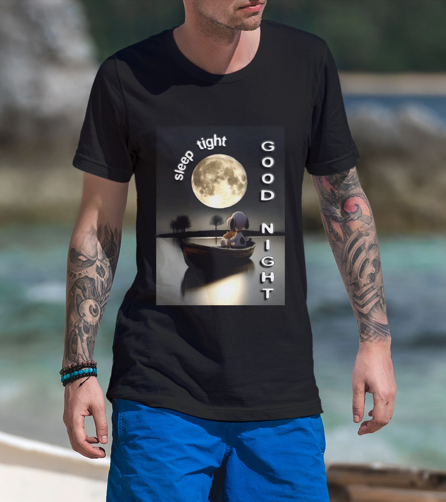 Sleep Tight Good Night Snoopy And Woodstock Moonlight Boat Scene T-Shirt