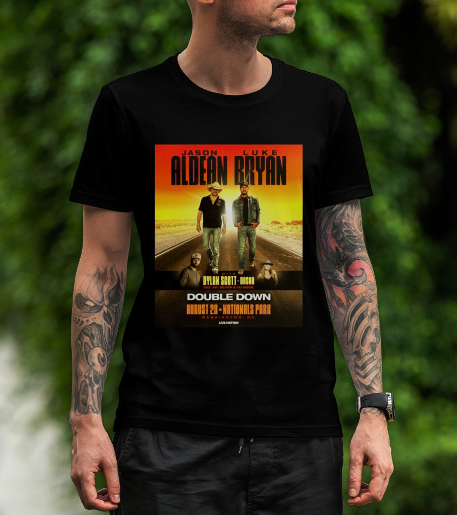 Jason Aldean Luke Bryan Double Down August 20 Nationals Park Washington D.C. With Dylan Scott Dasha Dee Jay Silver Dj Rock Live Nation T-Shirt